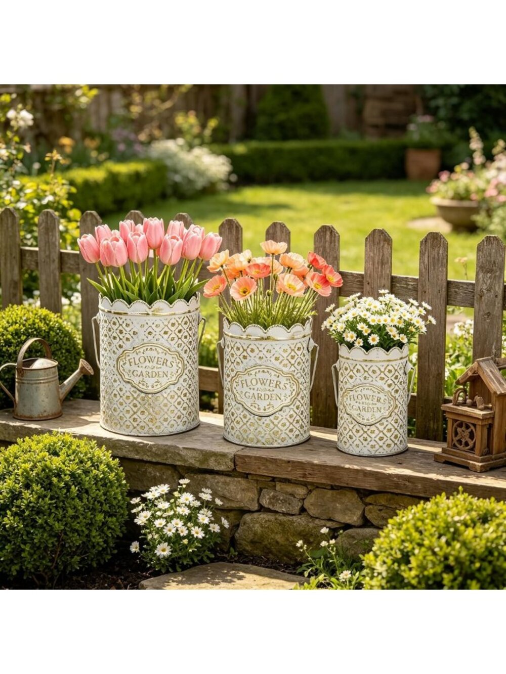Set of 3 Rustic Vintage Metal Flower Pots - Distressed White Planters for Home